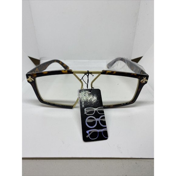 Retro Sunglasses Tortoise Brown and Gold Frame Clear Lens Gold Bumblebee Detail - Picture 1 of 6
